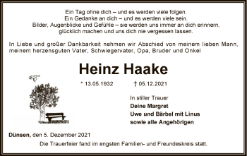 Traueranzeige von Heinz Haake von SYK