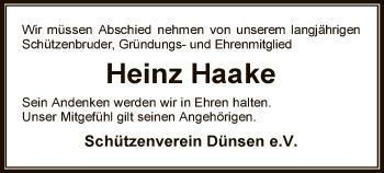 Traueranzeige von Heinz Haake von SYK