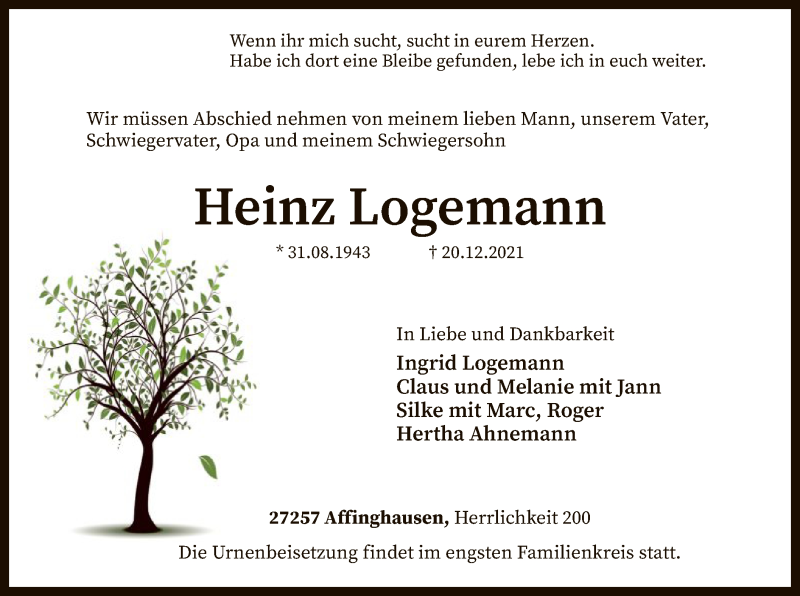  Traueranzeige für Heinz Logemann vom 24.12.2021 aus SYK