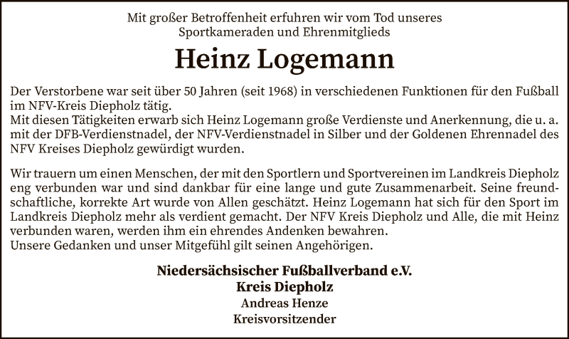  Traueranzeige für Heinz Logemann vom 24.12.2021 aus SYK