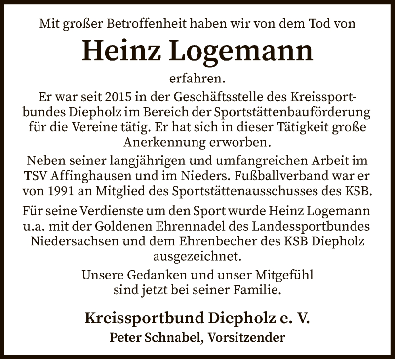  Traueranzeige für Heinz Logemann vom 24.12.2021 aus SYK