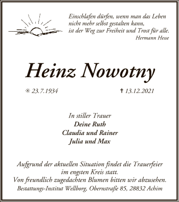 Traueranzeige von Heinz Nowotny von SYK