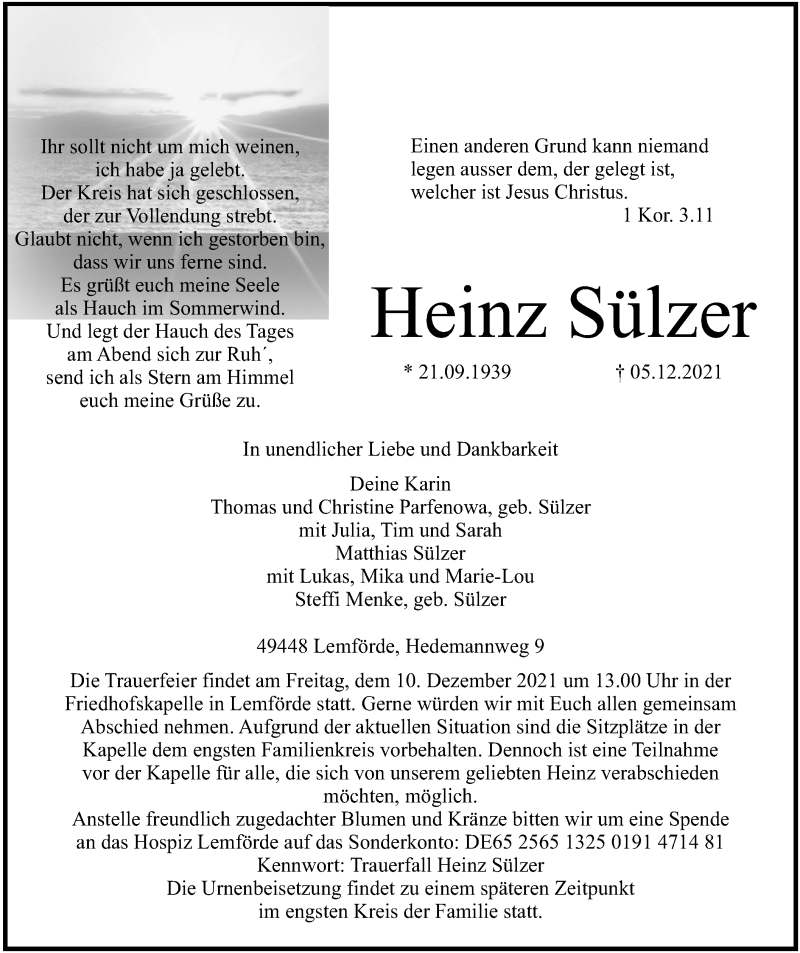  Traueranzeige für Heinz Sülzer vom 08.12.2021 aus SYK