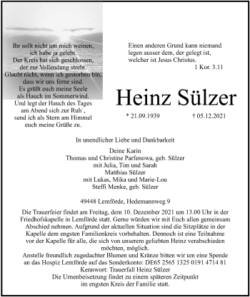 Traueranzeige von Heinz Sülzer von SYK