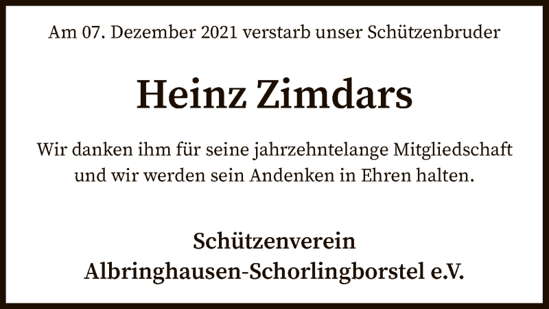  Traueranzeige für Heinz Zimdars vom 11.12.2021 aus SYK