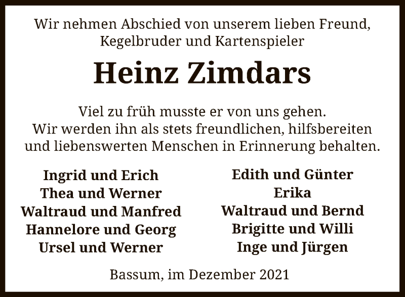  Traueranzeige für Heinz Zimdars vom 11.12.2021 aus SYK