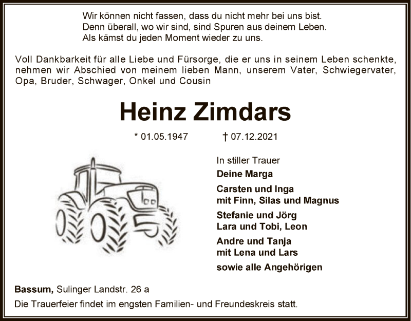  Traueranzeige für Heinz Zimdars vom 11.12.2021 aus SYK