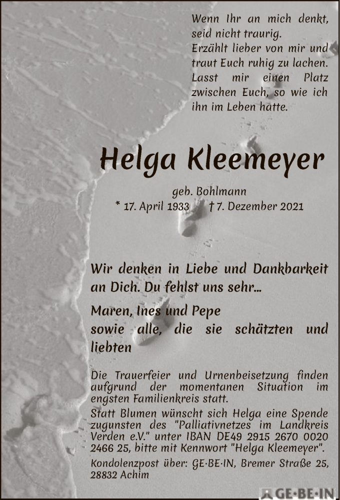  Traueranzeige für Helga Kleemeyer vom 18.12.2021 aus SYK