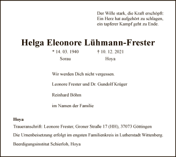 Traueranzeige von Helga Eleonore Lühmann-Frester von SYK