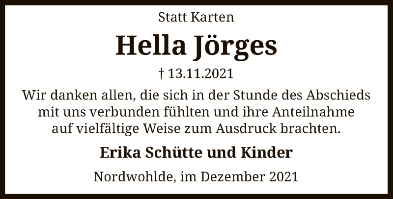  Traueranzeige für Hella Jörges vom 11.12.2021 aus SYK