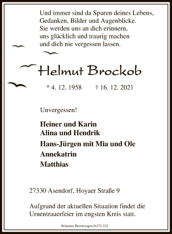 Traueranzeige von Helmut Brockob von SYK