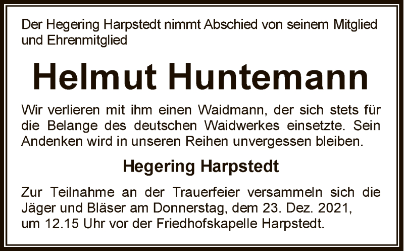  Traueranzeige für Helmut Huntemann vom 18.12.2021 aus SYK