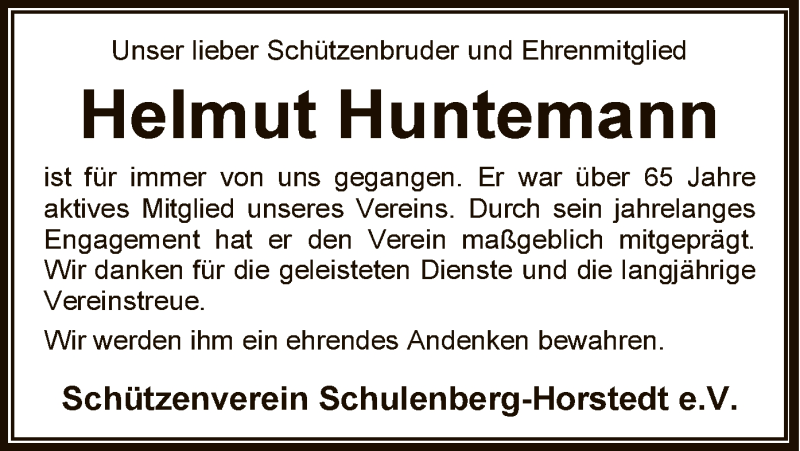  Traueranzeige für Helmut Huntemann vom 18.12.2021 aus SYK