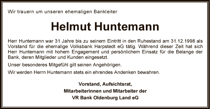  Traueranzeige für Helmut Huntemann vom 18.12.2021 aus SYK