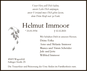 Traueranzeige von Helmut Immoor von SYK