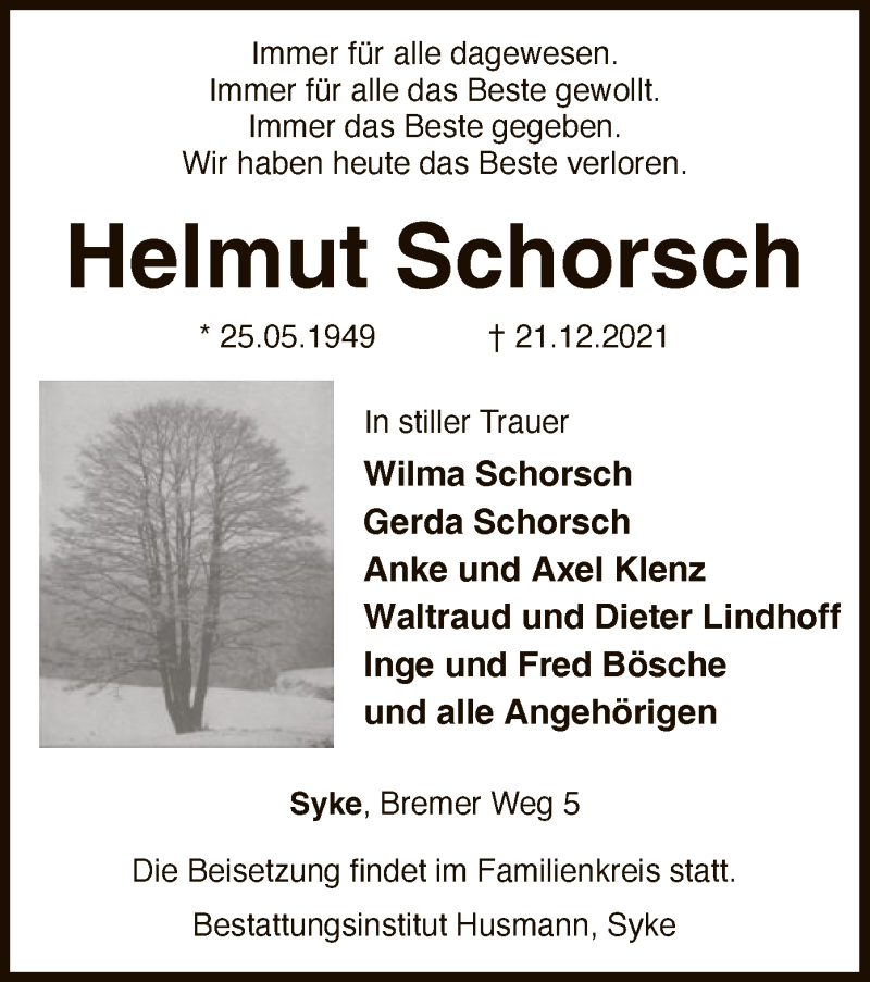  Traueranzeige für Helmut Schorsch vom 24.12.2021 aus SYK