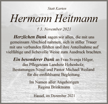 Traueranzeige von Hermann Heitmann von SYK