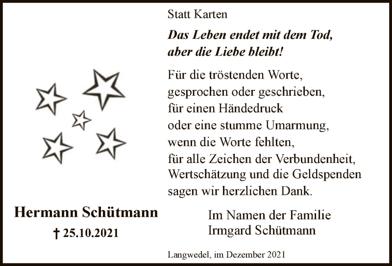  Traueranzeige für Hermann Schütmann vom 11.12.2021 aus SYK