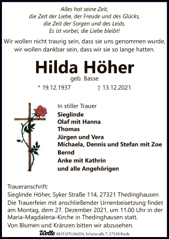 Traueranzeige von Hilda Höher von SYK