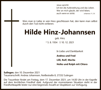 Traueranzeige von Hilde Hinz-Johannsen von SYK