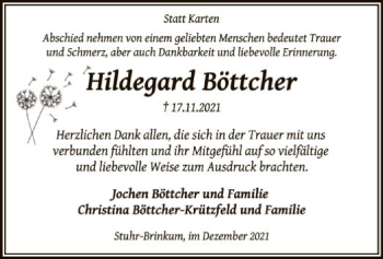 Traueranzeige von Hildegard Böttcher von SYK