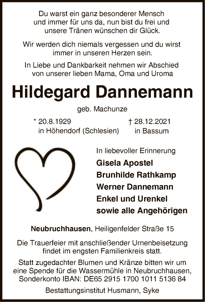  Traueranzeige für Hildegard Dannemann vom 31.12.2021 aus SYK