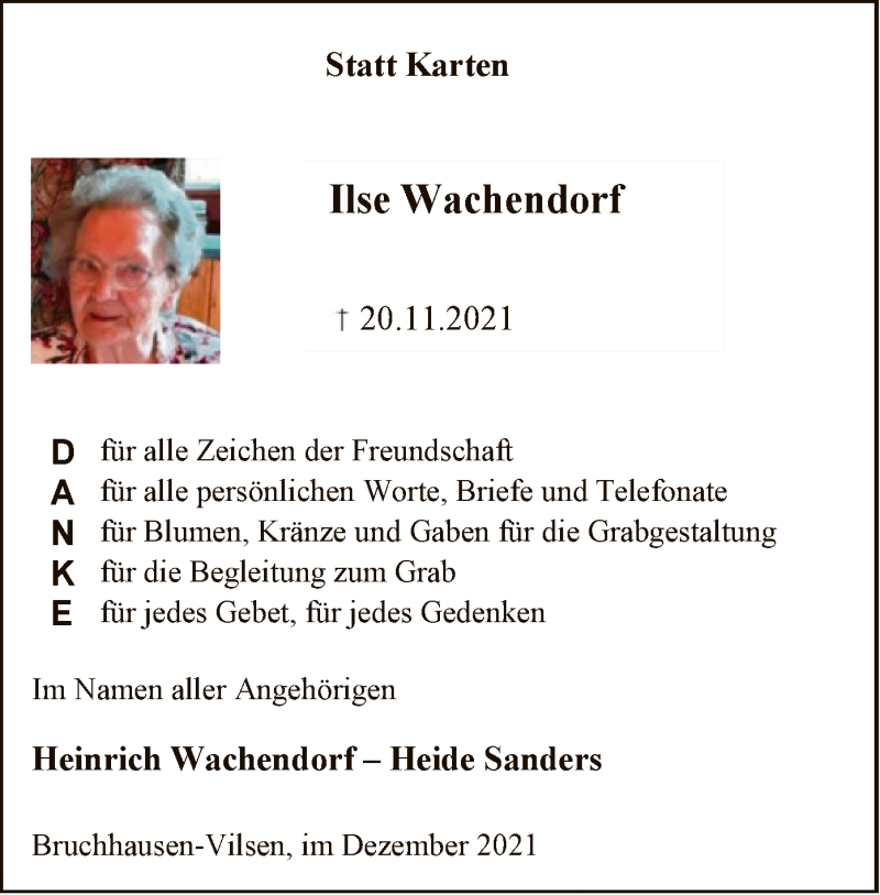  Traueranzeige für Ilse Wachendorf vom 24.12.2021 aus SYK