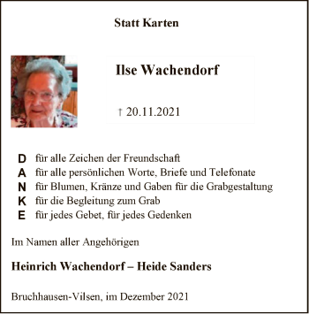 Traueranzeige von Ilse Wachendorf von SYK