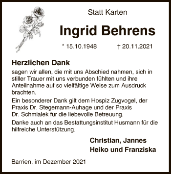 Traueranzeige von Ingrid Behrens von SYK