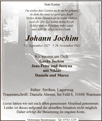 Traueranzeige von Johann Jochim von SYK