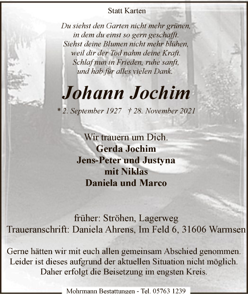  Traueranzeige für Johann Jochim vom 01.12.2021 aus SYK