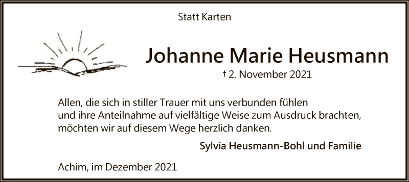  Traueranzeige für Johanne Marie Heusmann vom 04.12.2021 aus SYK