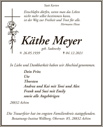 Traueranzeige von Käthe Meyer von SYK