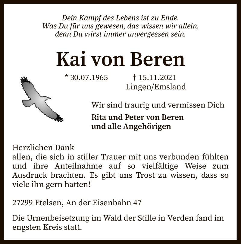  Traueranzeige für Kai von Beren vom 04.12.2021 aus SYK