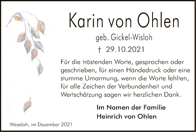 Traueranzeige für Karin von Ohlen vom 11.12.2021 aus SYK