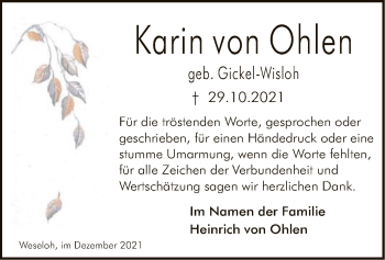 Traueranzeige von Karin von Ohlen von SYK