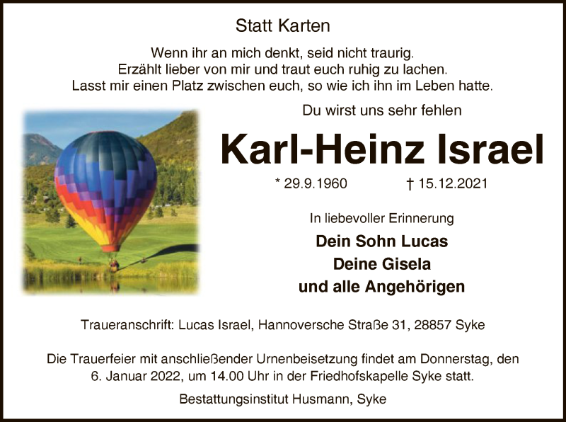  Traueranzeige für Karl-Heinz Israel vom 22.12.2021 aus SYK