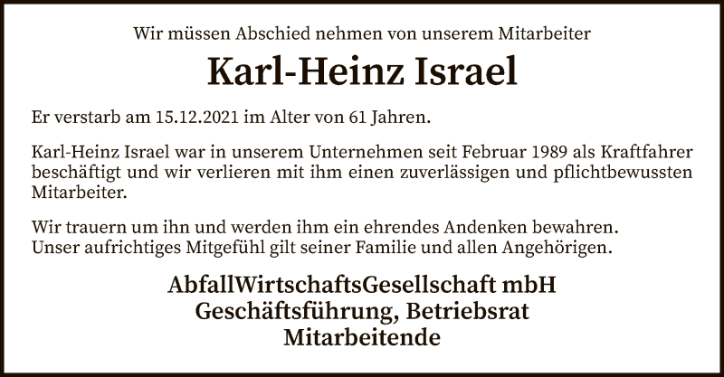  Traueranzeige für Karl-Heinz Israel vom 22.12.2021 aus SYK