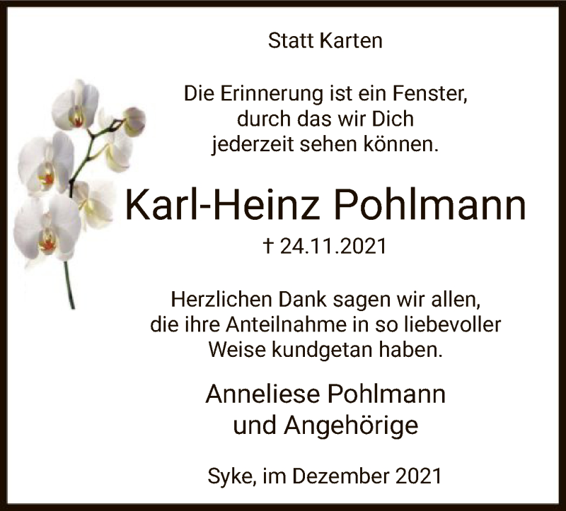  Traueranzeige für Karl-Heinz Pohlmann vom 18.12.2021 aus SYK