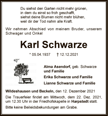 Traueranzeige von Karl Schwarze von SYK