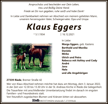 Traueranzeige von Klaus Eggers von SYK