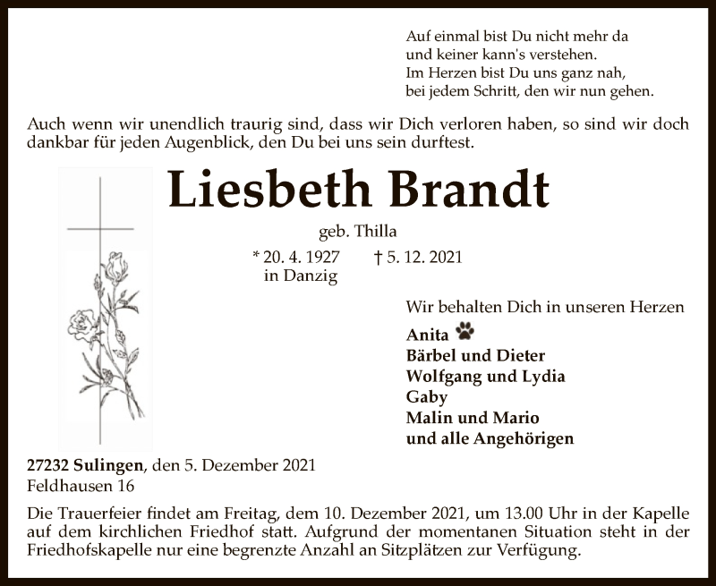  Traueranzeige für Liesbeth Brandt vom 08.12.2021 aus SYK