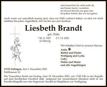 Traueranzeige von Liesbeth Brandt von SYK