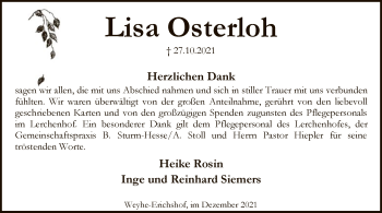 Traueranzeige von Lisa Osterloh von SYK