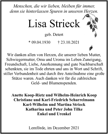 Traueranzeige von Lisa Strieck von SYK