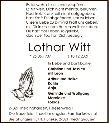 Traueranzeige von Lothar Witt von SYK