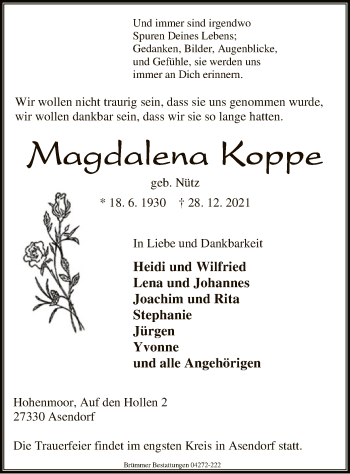 Traueranzeige von Magdalena Koppe von SYK