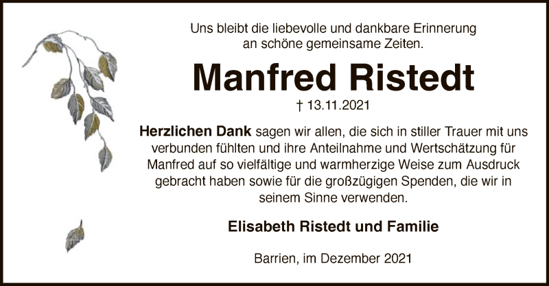  Traueranzeige für Manfred Ristedt vom 18.12.2021 aus SYK