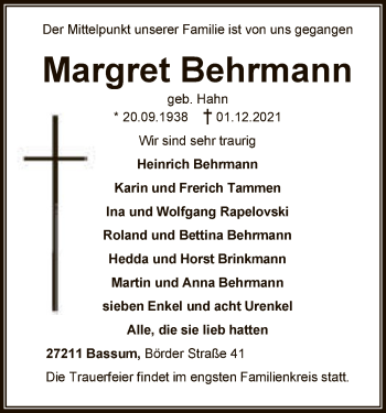 Traueranzeige von Margret Behrmann von SYK