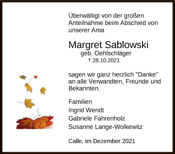 Traueranzeige von Margret Sablowski von SYK